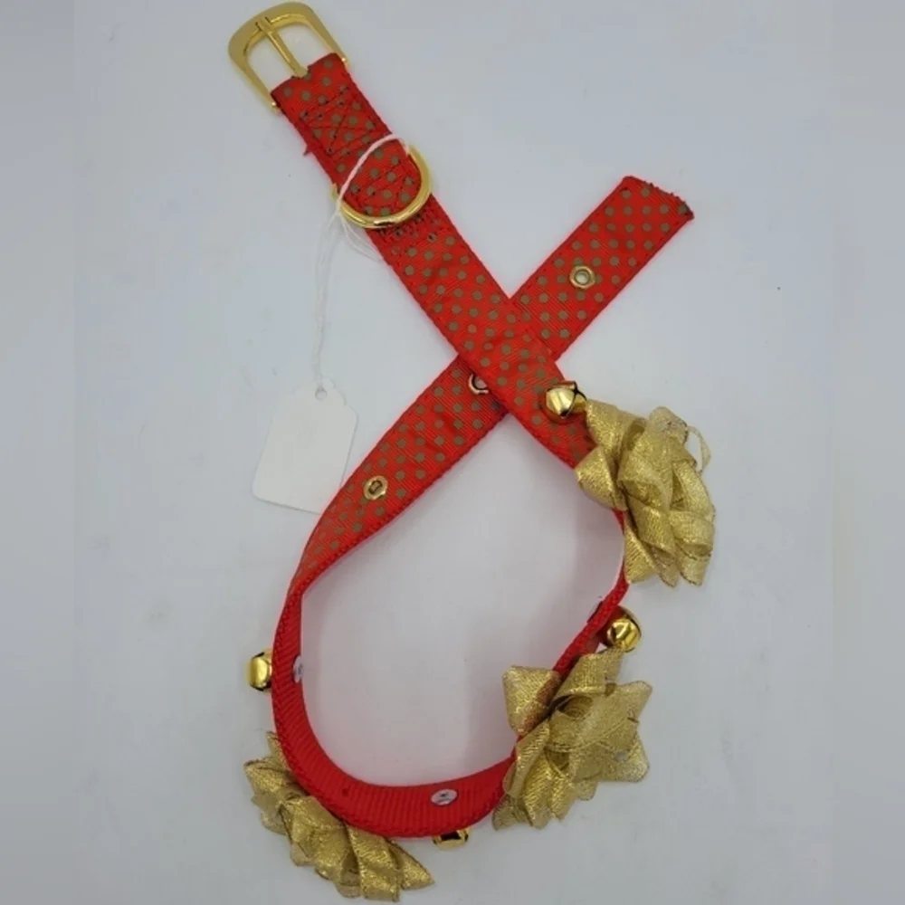 Festive Red & Gold Floral Jingle Bell Dog Collar - Christmas Holiday Size M/L